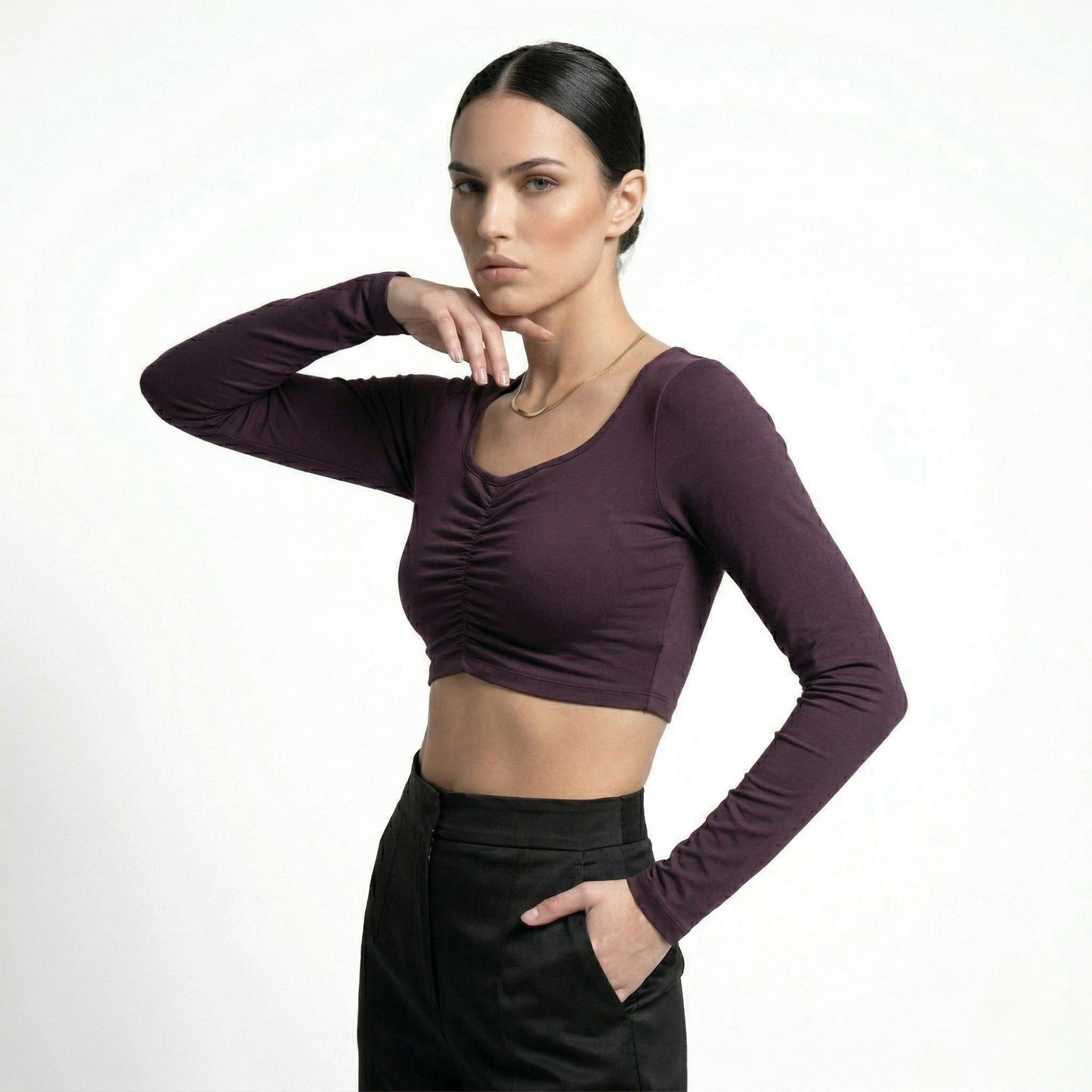 LINEAR RUCHE LONG-SLEEVE CROP TOP