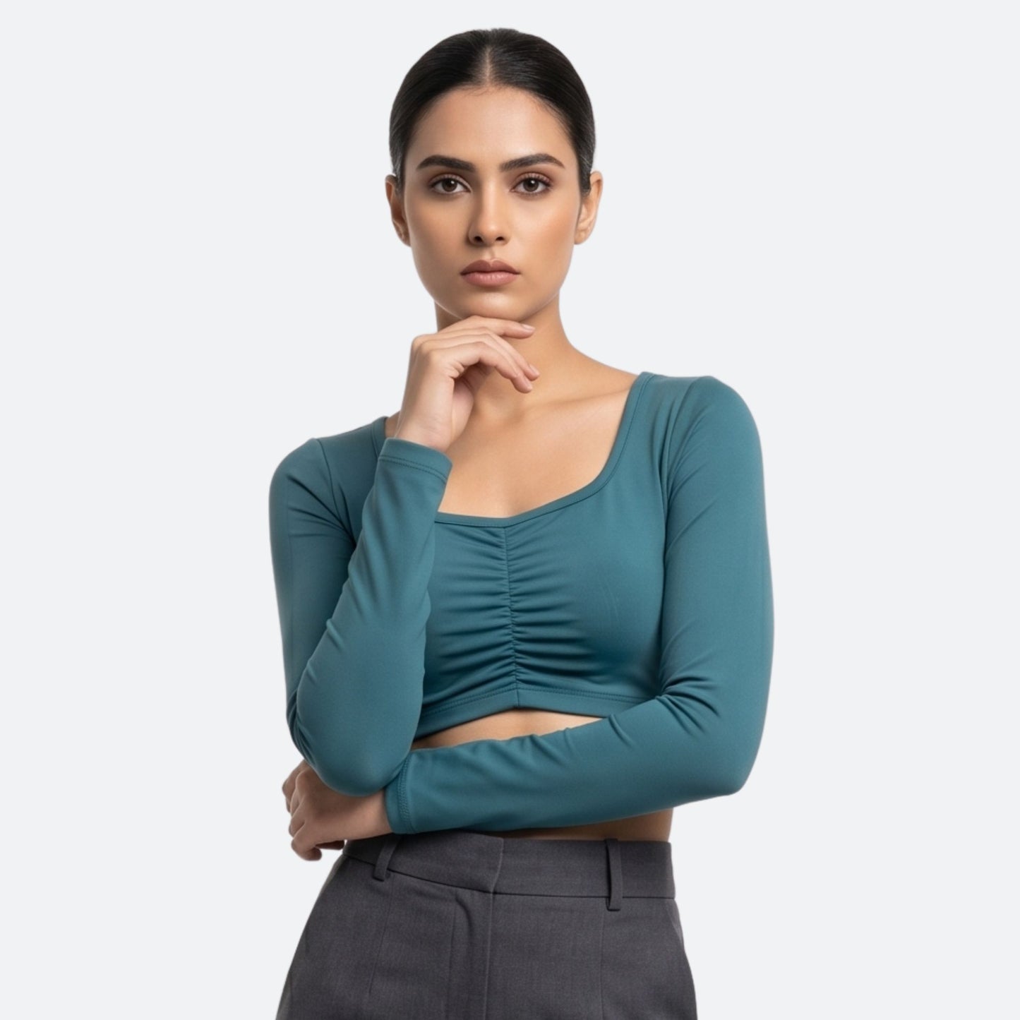 LINEAR RUCHE LONG-SLEEVE CROP TOP