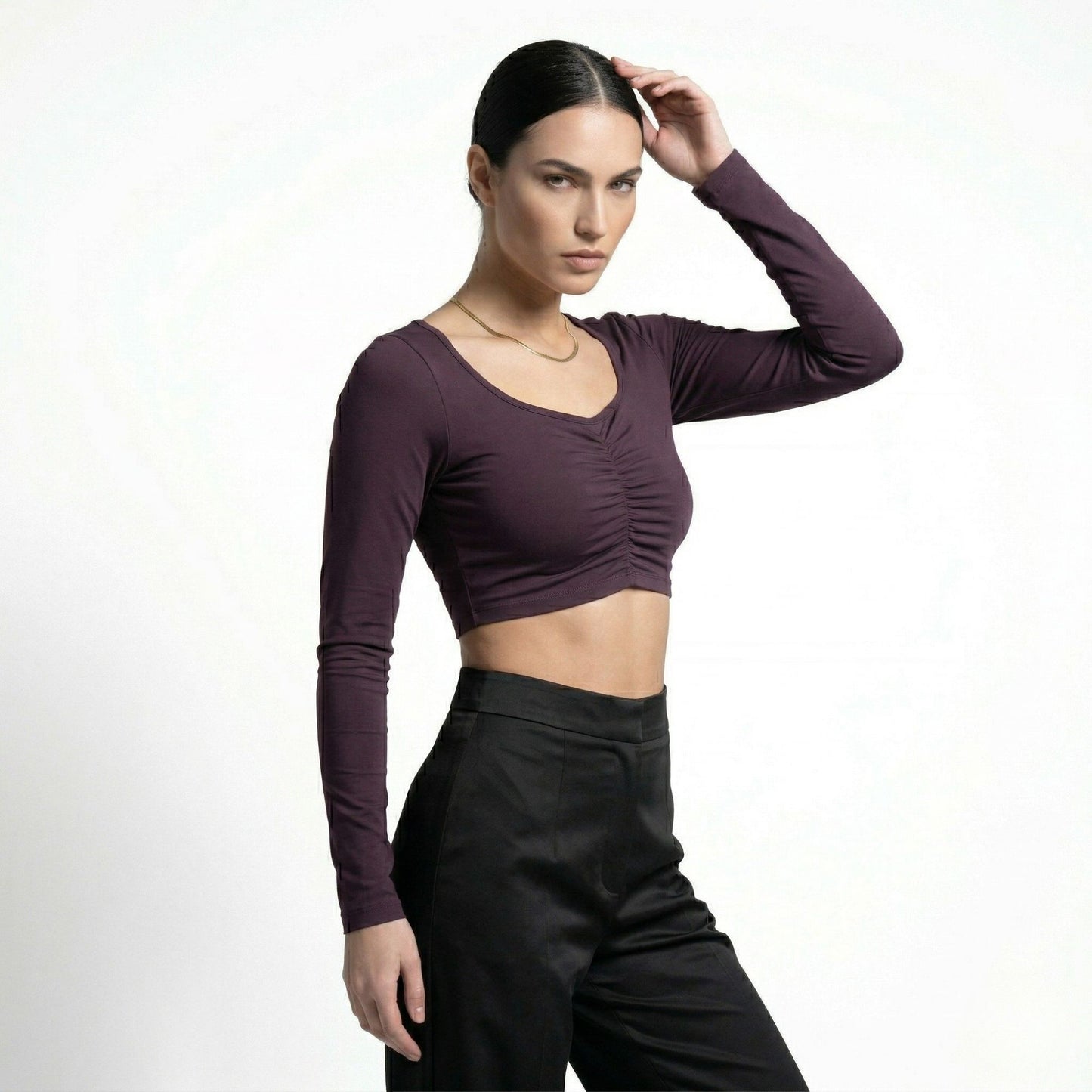 LINEAR RUCHE LONG-SLEEVE CROP TOP